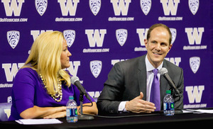 Mike Hopkins was all smiles at his introductory press conference at Washington on Wednesday.