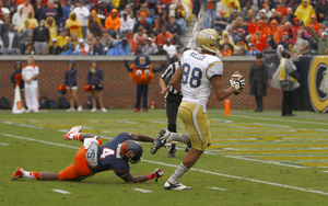 Georgia Tech wide receiver Darren Waller burns Brandon Reddish for a 46-yard touchdown on GT's first completion on Saturday afternoon. That pass came in the third quarter, as the Yellow Jackets rode their potent triple option to a 56-0 win. GT collected 394 rushing yards on the day. 