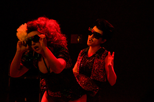 Two contestants from the Drag Show preliminary round on Feb. 6 performing on stage at the Schine Underground.                                 