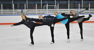 Members of Orange Experience, SU’s synchronized skating team, practice their routine for a competition in Skaneateles in December.