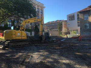 Construction on the Quad 2 Parking Lot near Slocum Hall and Machinery Hall is being done as part of the overall construction of the University Place promenade.