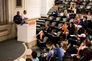 Department of Public Safety Associate Chief John Sardino and CJ McCurty, crime prevention coordinator, discussed safety and transportation programs at a Student Association meeting on Monday.