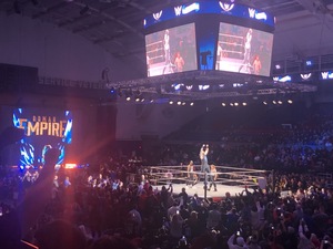 Roman Reigns stands on the ropes of the wrestling ring in front of his teammates, The Usos, and the referee, Jessika Carr.