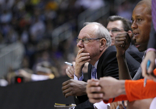 SAN JOSE, CA - MARCH 23: Head coach Jim Boeheim of the Syracuse Orange looks on as he sits on the bench during the game against the California Golden Bears during the third round of the 2013 NCAA Men's Basketball Tournament at HP Pavilion on March 23, 2013 in San Jose, California. 