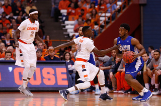 Freshman point guard Kaleb Jospeh plays on-ball defense against Hampton in the first half.